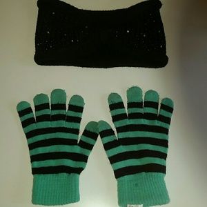 Bundled ear warmer headband and gloves.